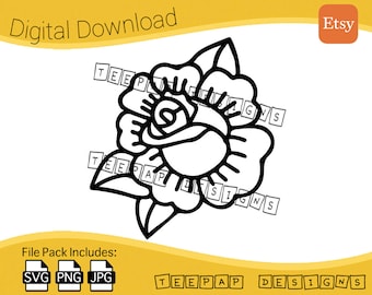 Rose Design (Neo-Traditional Tattoo Style) | Digital Cut File: SVG (Vector), PNG, JPG | Cutting Image Silhouette