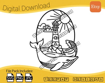 Coastal Lighthouse Whale Design (Neo-Traditional Tattoo) | Digital Cut Files: SVG & PNG | Printable Animal Outline Silhouette Clipart Image
