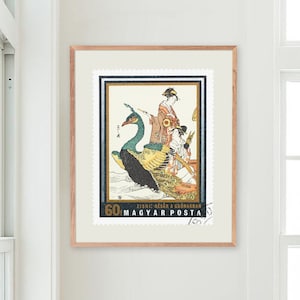 Geisha im Boot, japanische Malerei gerahmtes Minimal Poster, Japan Wand Dekor, Ungarn Stempel, Philatelie, Geschenkidee