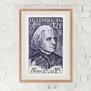 Franz Liszt, Luxemburg Stempel, Musiker Portrait gerahmt, Vintage Plakat, Geschenkidee, Wall art decor