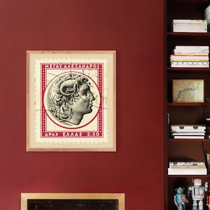 Póster de impresión artística de sellos de Grecia, Alejandro Magno, Grecia antigua, franqueo de filatelia, ideas de regalos, adornos de pared enmarcados, decoración del hogar
