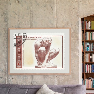 Michelangelo Skulptur, russische Briefmarke, Philatelie, Wanddekor, Geschenkidee, minimales Zeichnungsplakat