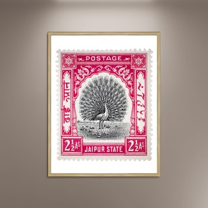 Francobolli di pavoni indiani, francobolli di uccelli di Jaipur, poster fotografico con stampa incorniciata, decorazione artistica da parete con immagine stampata, poster di viaggio vintage