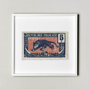 French Republic, Leopard Stamp Postage Poster Framed Floating, Vintage African Stamp, African Wall Art Decoration