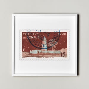 Französisch Somalia Küste Briefmarke Poster gerahmt Floating, Dschibuti Moschee 1947 Briefmarke, Vintage afrikanische Briefmarke, Afrika Wandkunst
