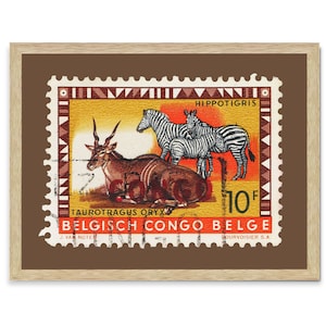 Belgisch Congo Belge Briefmarke, Vintage afrikanische Briefmarkenkunst Porto gerahmter Leinwanddruck, afrikanische Hippotigris, afrikanisches Zebra, Reiseplakat-Druck