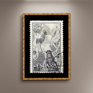 Impresión de carteles de sellos postales de España, lienzo enmarcado, póster vintage de toros, póster de viajes, póster publicitario de viajes, Pamplona, San Fermín