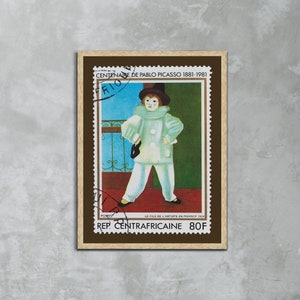 Pierrot, sello del centenario de Pablo Picasso, pintura de Pablo Picasso, póster vintage, África central, impresiones de pósteres de viaje, regalo