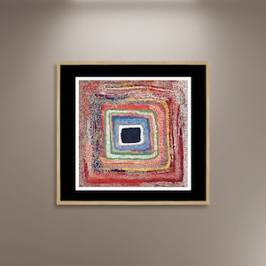 Puede incluir: Impresión de arte abstracto con un cuadrado negro rodeado de cuadrados concéntricos en tonos de rojo, azul, verde y blanco.