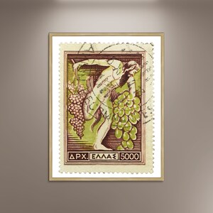 Póster con foto de Dioniso sosteniendo uvas, arte griego, sello postal, impresión, póster enmarcado, decoración de pared, póster de viaje vintage.