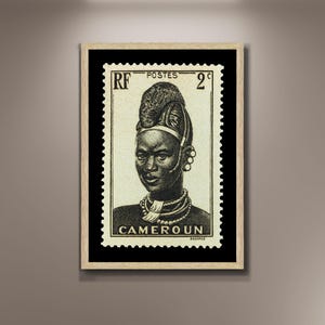 Impresión en lienzo enmarcada con sellos de Camerún, póster de sellos africanos antiguos, impresión de mujer africana, póster de viaje, regalo de arte de pared