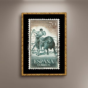 Impresión de carteles de sellos postales de España, lienzo enmarcado, póster vintage de toros, póster de viajes, póster publicitario de viajes, Pamplona, San Fermín
