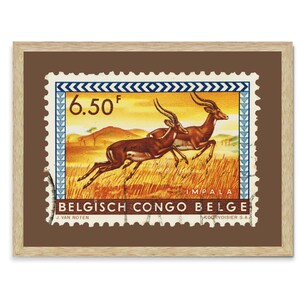 Belgisch Congo Belge Briefmarke, Vintage afrikanische Briefmarkenkunst Porto gerahmter Leinwanddruck, afrikanischer İmpala, afrikanisches Tier, Reiseplakat-Druck