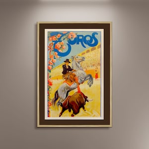Toros Bullfighting grey horse horns Vintage Fine Art Print Poster, Spanish Posters, Lithograph, Matador, Torero, Wall Hangings, Home Decor