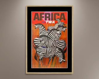 Africa Fly TWA Poster, Vintage Zebra Travel Art Print
