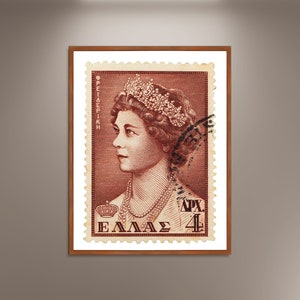 Sello de Federica de Hannover, sello griego, póster impreso de la reina de Grecia, póster enmarcado, decoración de pared, póster de viaje vintage