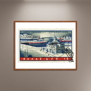 Póster impreso con foto del puerto del Pireo, sello postal griego, póster enmarcado, decoración de pared con imagen impresa, póster de viaje vintage, regalo enmarcado
