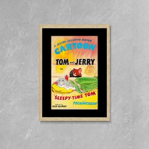 Impresión en lienzo enmarcada de la película Tom y Jerry, Tom durmiendo, carteles de dibujos animados, póster vintage, póster publicitario de películas, arte de pared en lienzo