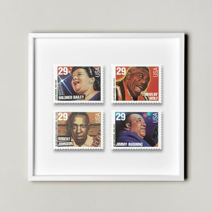 Los cantantes de jazz más populares, 4 piezas, sello postal, póster con foto enmarcada, sello musical, sello de cantante estadounidense famoso