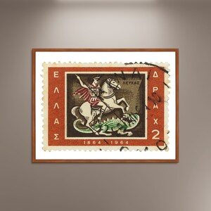 Griechische Briefmarke, Druck Poster gerahmt, Union der Ionischen Inseln, St George, gedrucktes Bild Wandkunst Dekoration, Reise Poster Druck