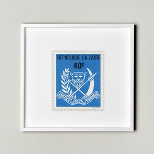 Afiche con un solo sello postal de la República Democrática del Congo, de los años 40, enmarcado y flotante, sello de la República Democrática del Congo, decoración de pared con sellos