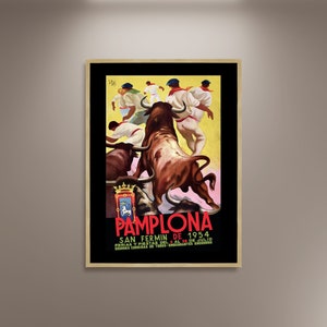 Pamplona Bull Run 1954 Vintage Travel Poster Print