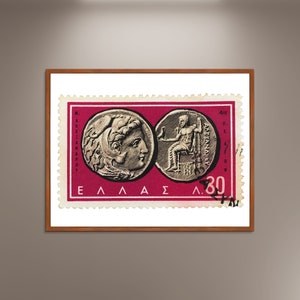 Póster fotográfico impreso con una moneda de tetradracma de plata y un sello postal griego, póster enmarcado, imagen impresa, decoración de pared, impresiones de póster de viaje