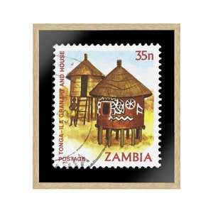 Arte de sellos africanos antiguos, sellos de Zambia, fotografía de una casa de Zambia, arte mural con imágenes impresas, impresiones de carteles de viajes