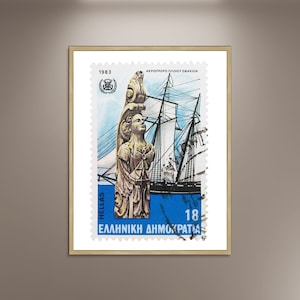Mascarón de proa de un barco de Skafia, conservado en Heraklion, sello postal griego, póster fotográfico, impresión, póster enmarcado, decoración de pared, griego