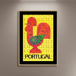Portugal Reise Poster Druck gerahmte Leinwand, dekoriert Barcelos Hahn Symbol, Werbeplakat, Portugal Postkarte, Vintage Poster, Geschenk