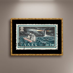 Grecia, muestra un barco luchando contra una tormenta, carteles de sellos postales griegos, impresión en lienzo enmarcado, póster de sellos de Grecia, póster de viajes, póster de sellos de regalo