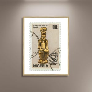 Póster de lienzo con la impresión de una figura sentada en esteatita de Nigeria, póster de una estatua, póster de un sello de viaje vintage africano