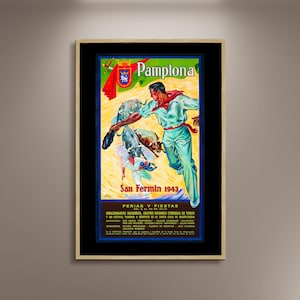 Pamplona San Fermín 1943 Bulls Run Cartel Impresión Lienzo Enmarcado, Ferias Y Fiestas, Toros, Cartel de España, Cartel de Turismo, Cartel Vintage
