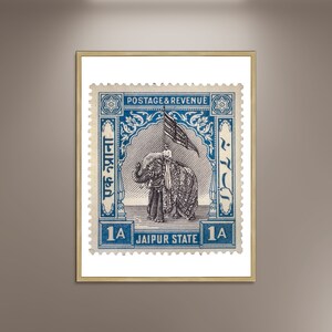 Sellos postales de Jaipur, India, póster con foto de elefante azul enmarcado, decoración artística con sellos postales antiguos, póster de viaje con imagen impresa