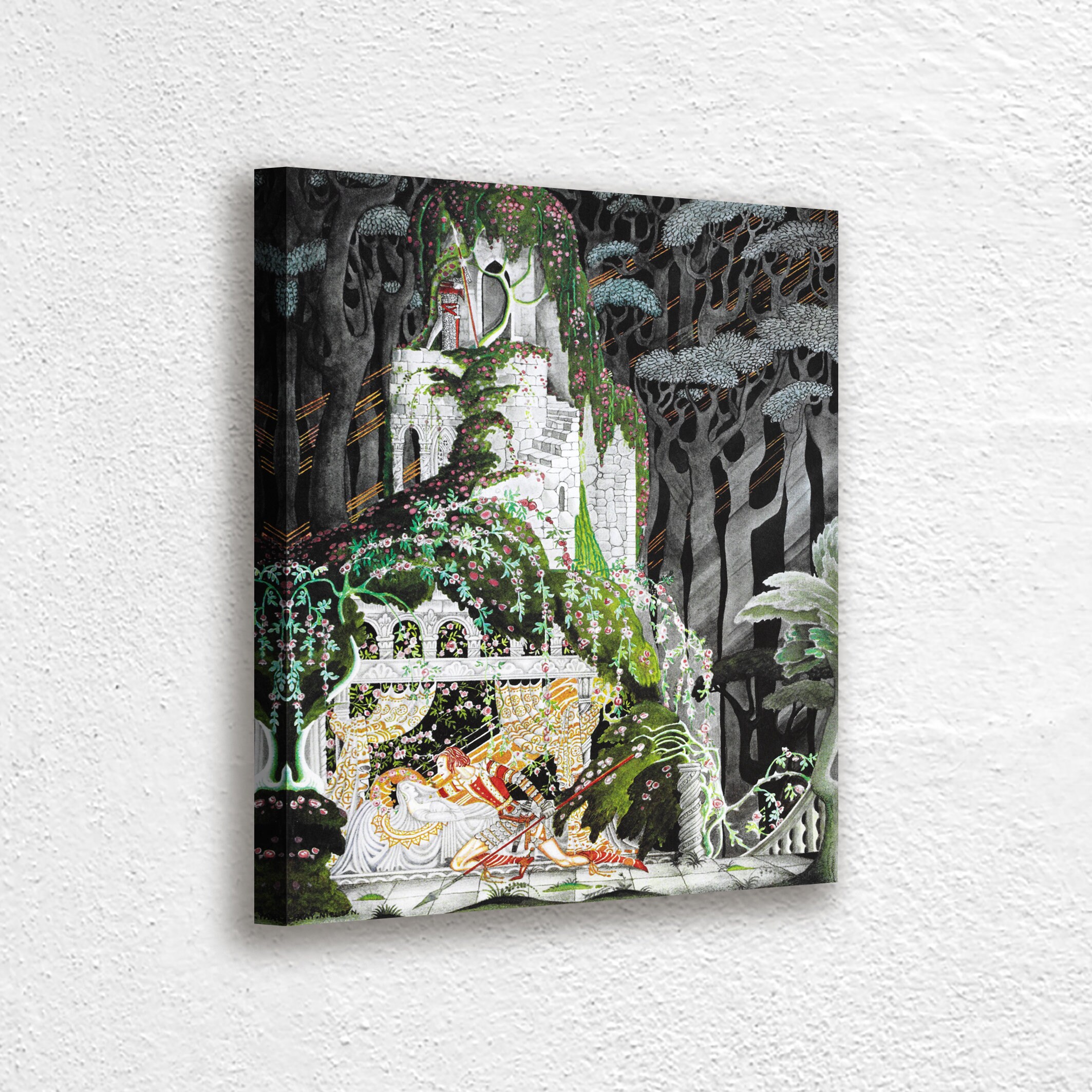 絵画　眠れる森 眠れる森の美女のキャンバスプリント：ケイ・ニールセンのグリム童話の