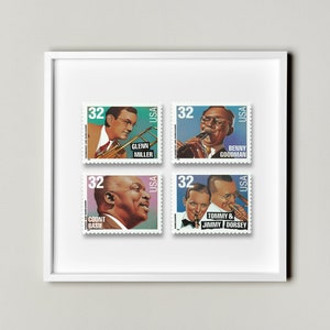 Die beliebtesten Jazz-Sänger 4 Stück Briefmarke Porto Bild Poster gerahmt Floating, American Stamp, American Famous Singer Stamp