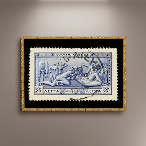 Kampf des Herkules und Antäus Griechische Briefmarke Poster Druck gerahmt Leinwand, Interim Olympische Spiele Foto Poster, Griechenland Briefmarke Poster