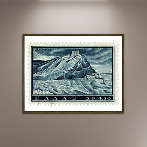 Tempel des Poseidon Griechischer Stempel, Griechenland Stempel Poster Druck Poster gerahmt, griechische Mythologie, Reiseplakat, Vintage Stempel, Geschenk Leinwand
