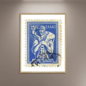 Póster con foto de un hombre griego antiguo que lleva un becerro, póster enmarcado, decoración de pared con imagen, franqueo de Grecia, franqueo griego, sellos