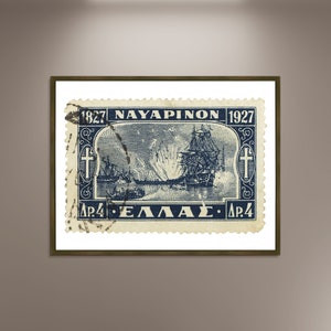 Schlacht von Navarino Griechisch Stempel Foto Poster Druck Poster gerahmt, gedrucktes Bild Wandkunst Dekoration, Vintage Reiseposter, Griechenland Stamp