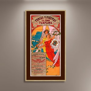 Ferias y fiestas, San Fermín Pamplona City 1900 Poster Print Canvas Framed, Toros, Spain Poster, Tourism Poster, Vintage Poster, regalo en lienzo