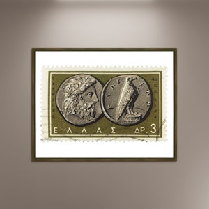 Sello griego de la moneda de Zeus, póster impreso de sellos de Grecia, póster enmarcado, mitología griega, franqueo artístico, póster de viaje, sello vintage, lienzo de regalo