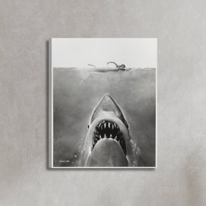 Locandina del film Jaws Poster fotografico in bianco e nero Stampa su tela, (1975), Poster vintage, Poster pubblicitario