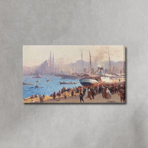 Port of Galata, Constantinople by Fausto Zonaro Photo print canvas, Orientalist Canvas, Historical Paint