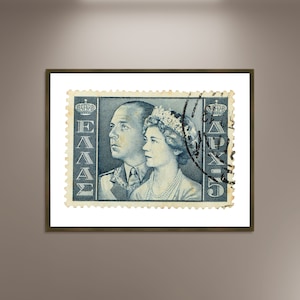 Póster con foto impresa enmarcada del rey Pablo y la reina Federico, sello postal griego, decoración de pared, franqueo de Grecia, regalo