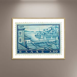 Póster impreso de la isla de Hidra con franqueo griego, póster enmarcado, decoración de pared con imagen impresa, impresiones de pósteres de viaje, póster vintage