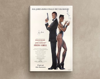 James Bond 007, A View to a Kill (1985) Film Poster Print Canvas, US, Signed by Roger Moore, Film Advertising Poster, Movie Poster Canvas