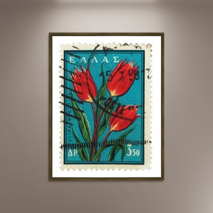 Sello de protección de la naturaleza de tulipán, sello de flores, póster impreso, póster enmarcado, decoración de arte de pared, impresiones de póster de viaje vintage