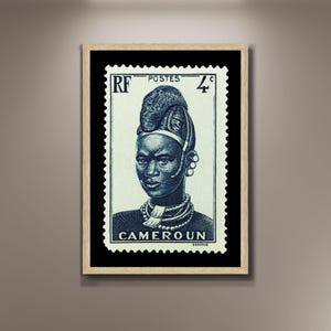 Impresión en lienzo enmarcada con sellos de Camerún, póster de sellos africanos antiguos, impresión de mujer africana, póster de viaje, regalo de arte de pared