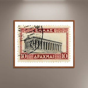 Parthenon auf einer alten Briefmarke, Foto-Poster-Druckplakat gerahmt, gedrucktes Bild-Wand-Kunst-Dekoration, Weinlese-Reise-Plakat, Griechenland Stempel